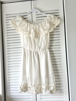 Cream Chiffon Dress with Crochet Off-the shoulder Chic Lace Ruffle Dress