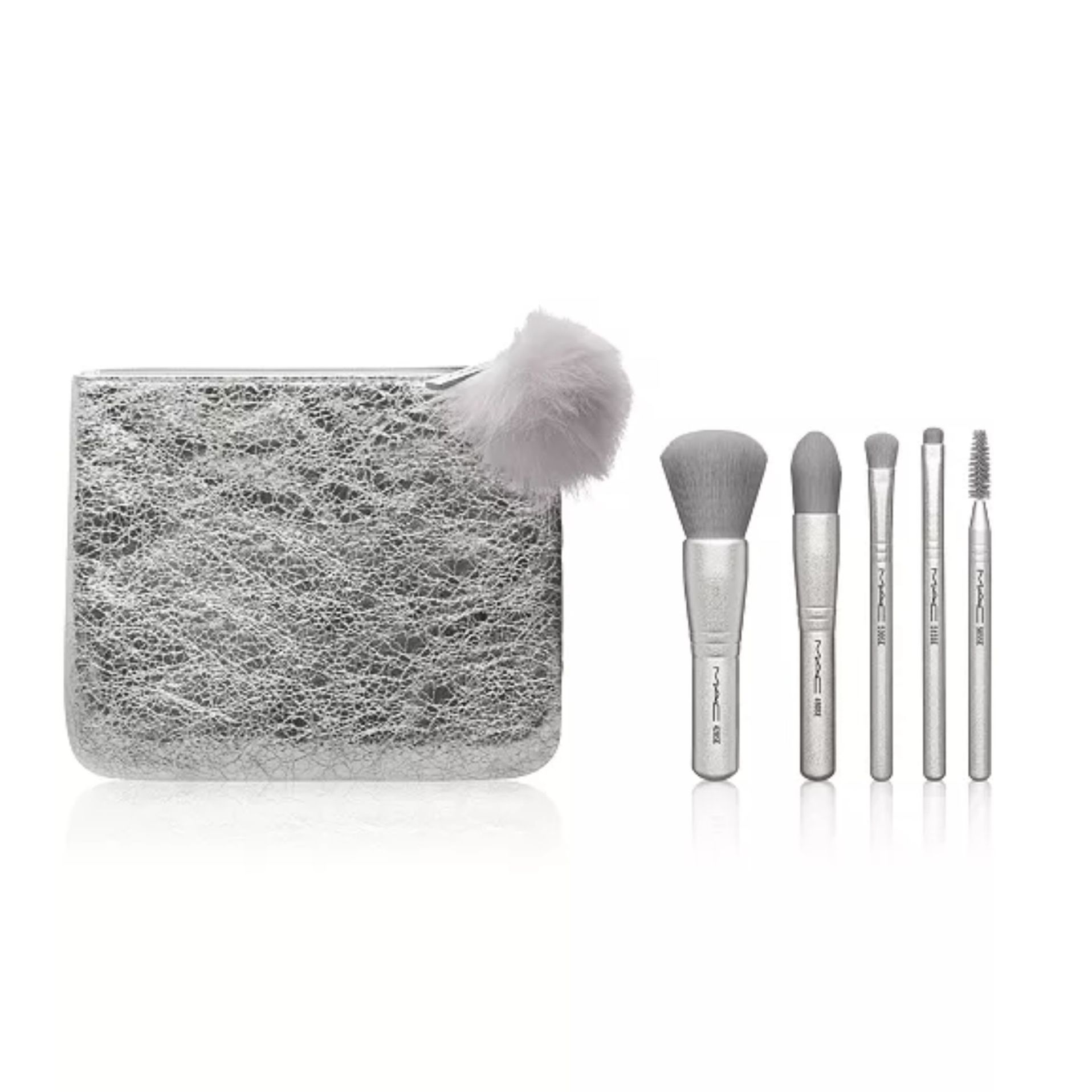 MAC SNOW BALL BRUSH SET - 5 PIECES WITH SILVER MAKEUP BAG