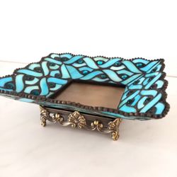 ✨NEW PARTYLITE CANDLE HOLDER BLUE STAINED GLASS BLUE CANDLE HOLDER ORANTE DECOR✨