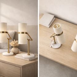 Pair of Brass & Marble Base Table Lamps — Smart Bulbs Included