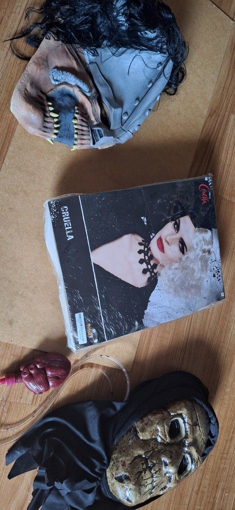 2 Adult Halloween Masks And Cruela Wig Halloween