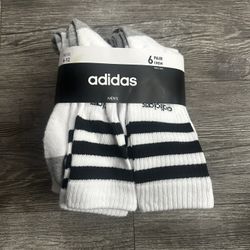Men’s 6 Pairs  Adidas Socks Size 6-12 White Black Stripe 