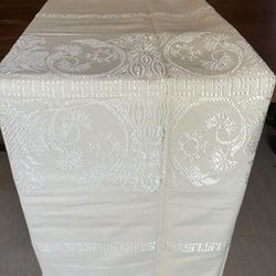 Handmade Greek Ivory Damask Embroidered Tablecloth/Bed Runner, NEW