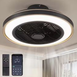 ANTOINE 20” Black Caged Ceiling Fan w/ LED Light Remote App Control New