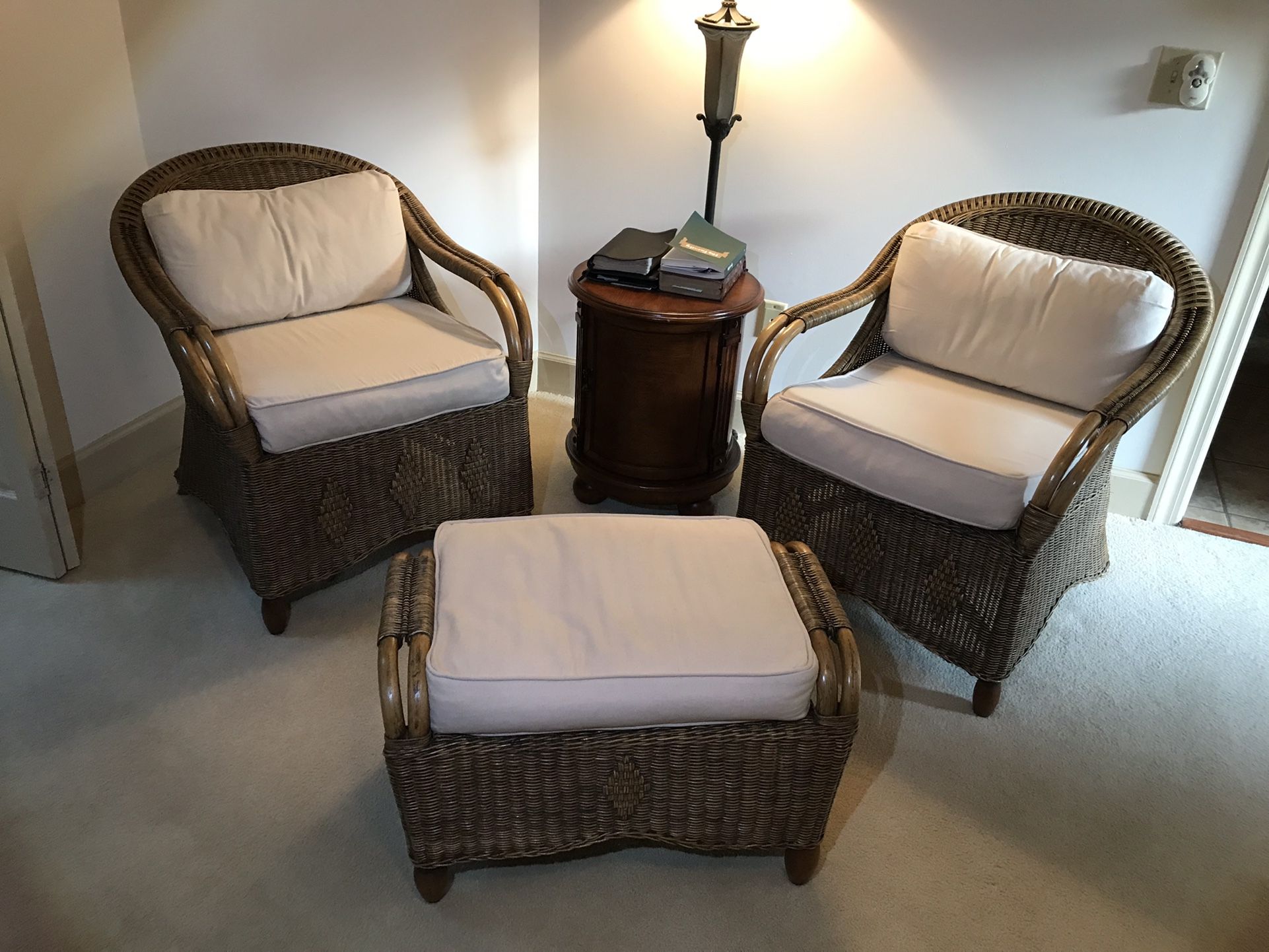 2 Pier One Rattan and Wicker Chairs with Ottoman