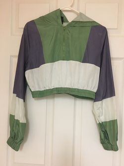 Colorblock Cropped Windbreaker Jacket - Green, Lavender, White SHEIN Green Grey And Cream Half Zip Cropped Hoodie Jacket S