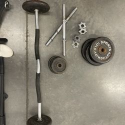 Loadable EZ bar and dumbbell set with 5lb & 10lb plates.