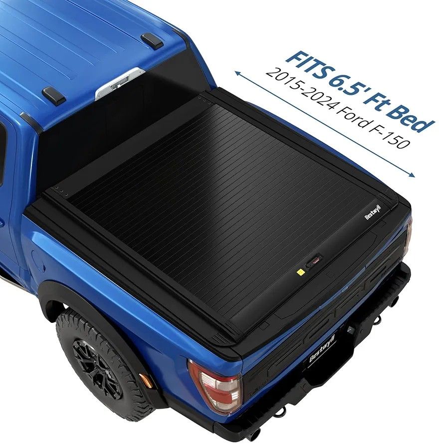 Retractable Hard Truck Bed Tonneau Cover Fits 2015-2025 Ford F-150 6.5ft(incl. Raptor/Lightning) Black Matte Aluminum Part