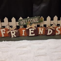 Welcome Friends HARVEST PUMPKINS AGAINST PICKET FENCE BLOCK SITTER

