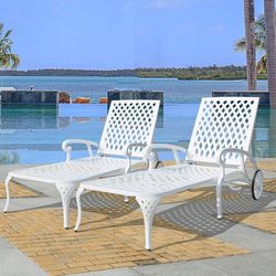 Chaise Lounge Chair Outdoor, Poolside Lounger Set of 2 Cast Aluminum Tanning Chairs with Adjustable Backrest and Moveable Wheels, White