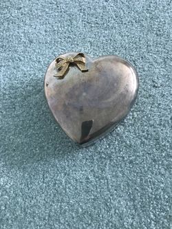 Vintage silver plated heart shaped trinket jewelry box with brass bow on lid