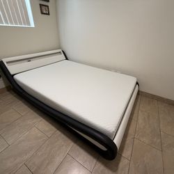 Bed +Mattress - Wave-Like Curve Upholstered Modern Bed, with LED Headboard, and Mattess Full size