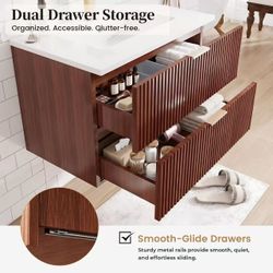 30-inch floating bathroom vanity with sink, wall-mounted, made of oak. Integrated ceramic sink.