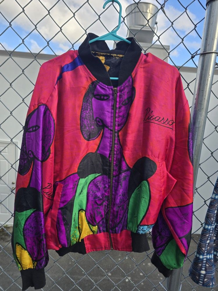 Vintage Picasso reversible Jacket women Size Large Bomber Art Satin Full Zip All Over Print
