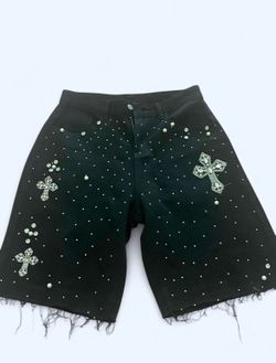Black shorts with white cross and pearl embellishments #goth #alternative