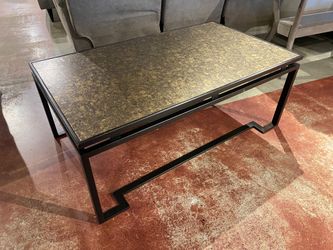 Distressed Gold Tone Coffee Table with Metal Geometric Style Legs