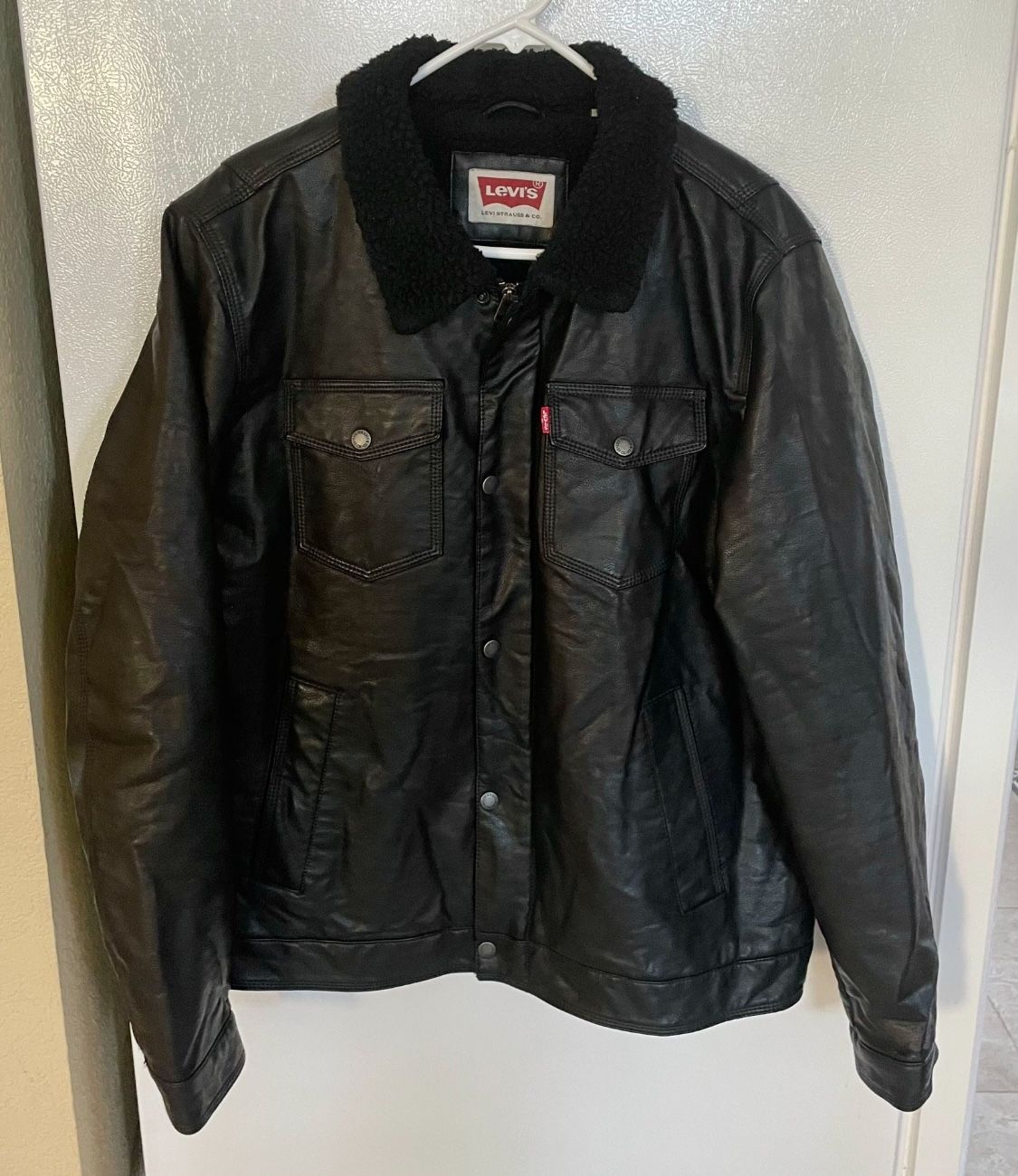 Levis Faux Leather Black Sherpa Lined Motorcycle Bomber Flight Jacket Mens Large