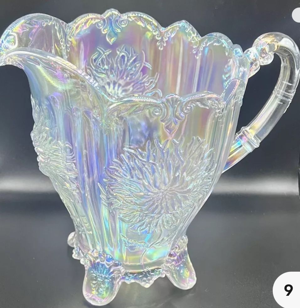 Mosser Carnival Glass Iridescent Silver Footed Dahlia Pitcher Made in USA