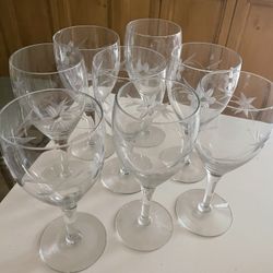 Set of 8 Vintage Etched Floral Wine Glasses