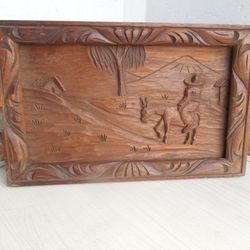 Deep Set Ornately Hand Carved Man On Donkey Wood Tray w/ No Cracks Or Chips 19-1/2" X 10-3/8"