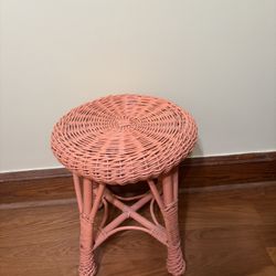 Mid-Century Italian Hollywood Regency Coastal Salmon Wicker Vanity Stool Plant Stand BOHO