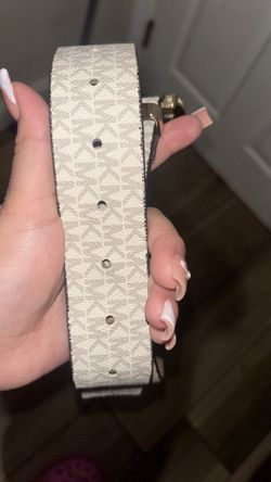 White Monogram Pattern Belt with Gold Buckle