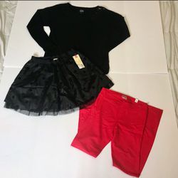 NWT bundle of JUSTICE red leggings, black shirt and black skirt Size 16, 18