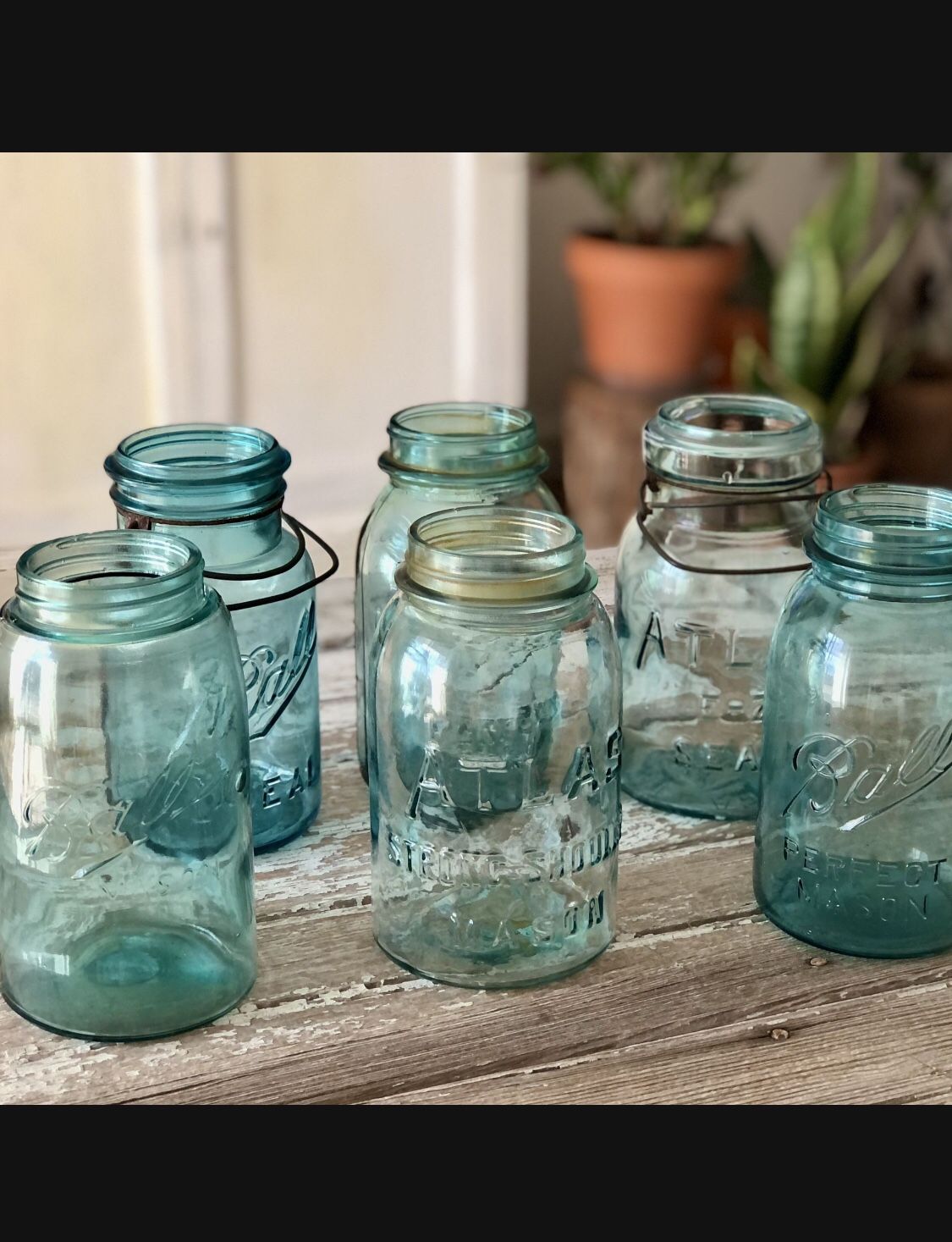 Blue Glass Mason, Clear Atlas & Iridescent Jars (8) Jars
