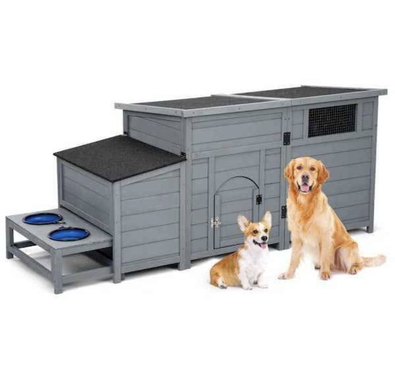"Dog Kennel, 2-in-1 Outdoor Wood Dog House with Feeding Bowls, Large Gray NEW A2-9N Brand new in box "