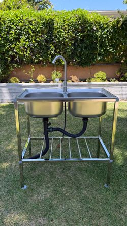 Outdoor Garden Portable Double Bowl Stainless Steel Sink with Faucet and Shelf Stand