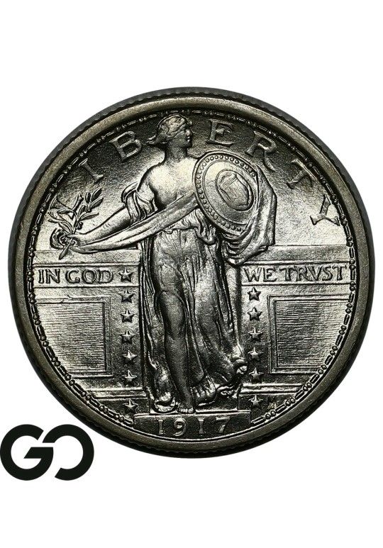 Uncirculated 100%  Genuin. High Relief (1917-P) Standing Liberty Quarter, Type 1, Full Head, Gem. Silver Coin.  BU++ FH