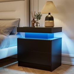 Black 2-Drawers Wood LED Nightstand Modern Bedside Table End Table with 16 LED Lightings for Bedroom Living Room