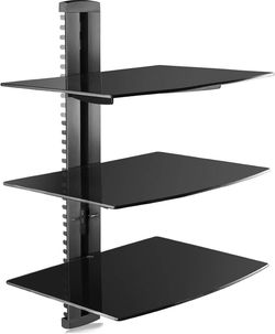 3 Floating Shelf Wall Bracket with Strengthened Tempered Glass for DVD Players/Cable Boxes/Games Consoles/TV Accessories, 3 Shelves, Black