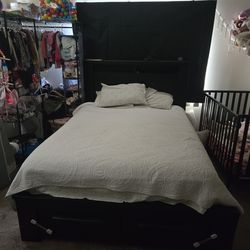 Dark solid wood bed frame queen with bottom storage