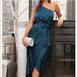One Shoulder Ruched Midi Dress Belted Party Dress SMALL