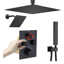 Dual Shower Heads Shower System with 16" Ceiling Mounted Rain Shower Head & 6" Wall Mounted Head Full Body Shower System 3 Way Thermostatic Shower Val