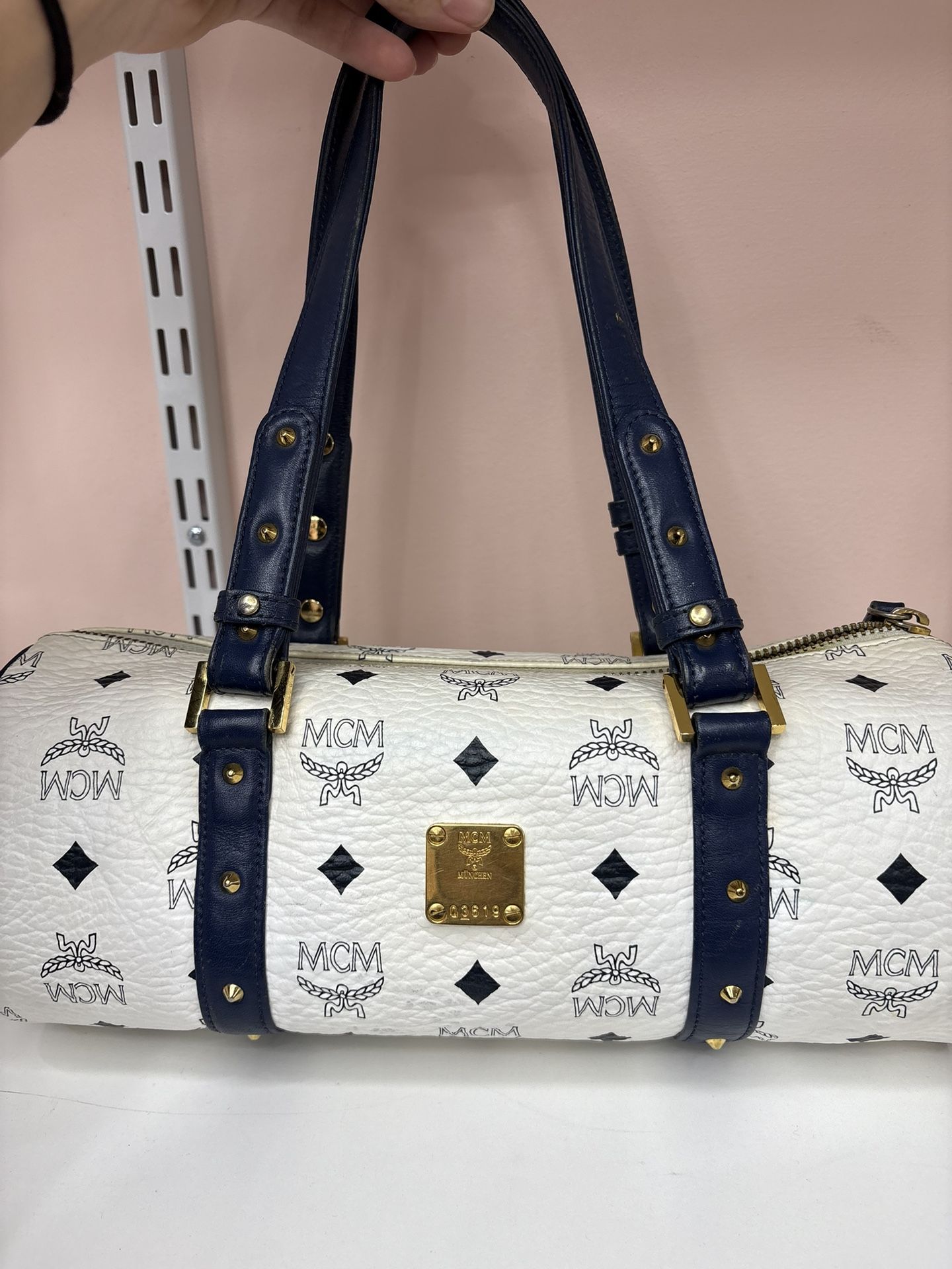 MCM Visetos Boston Bag Small White with Blue Leather Trim & Gold Hardware