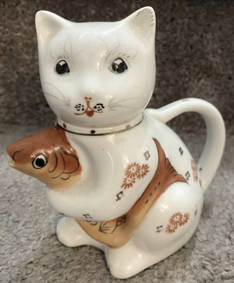 Vintage Kitty Cat With Goldfish Koi Milk Cream Pitcher Teapot China Ceramic Porcelain Gold Trimming And Orange Flowers Figurine