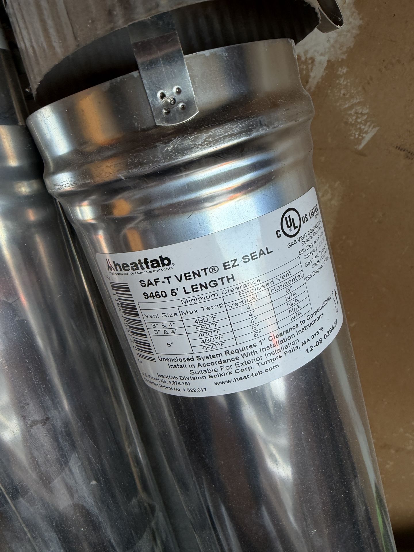 Heat Fab SAF-T VENT® EZ SEAL GAS VENT CONNECTOR Special Gas lea , 550 Degrees F kr 259g 9460 5' LENGTH