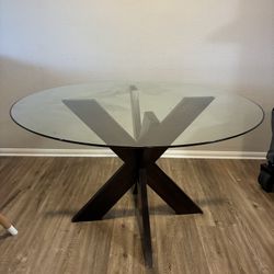 Glass Dining Table W Wood Base