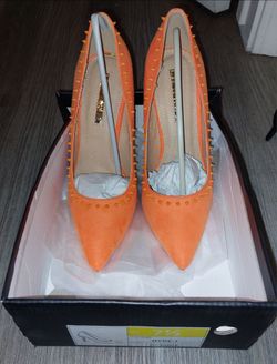 Liliana Brand Spiked Faux Suede Pumps in Deep Chic Vibrant  " Coral " color