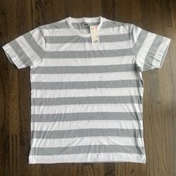Uniqlo Men's Large Washed Striped Crew Neck Short Sleeve Tee Shirt - Gray/White