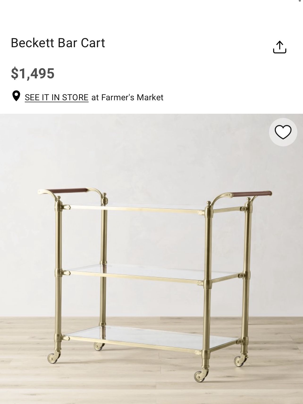 Williams Sonoma Becket Bar Cart Vintage Brass Excellent condition