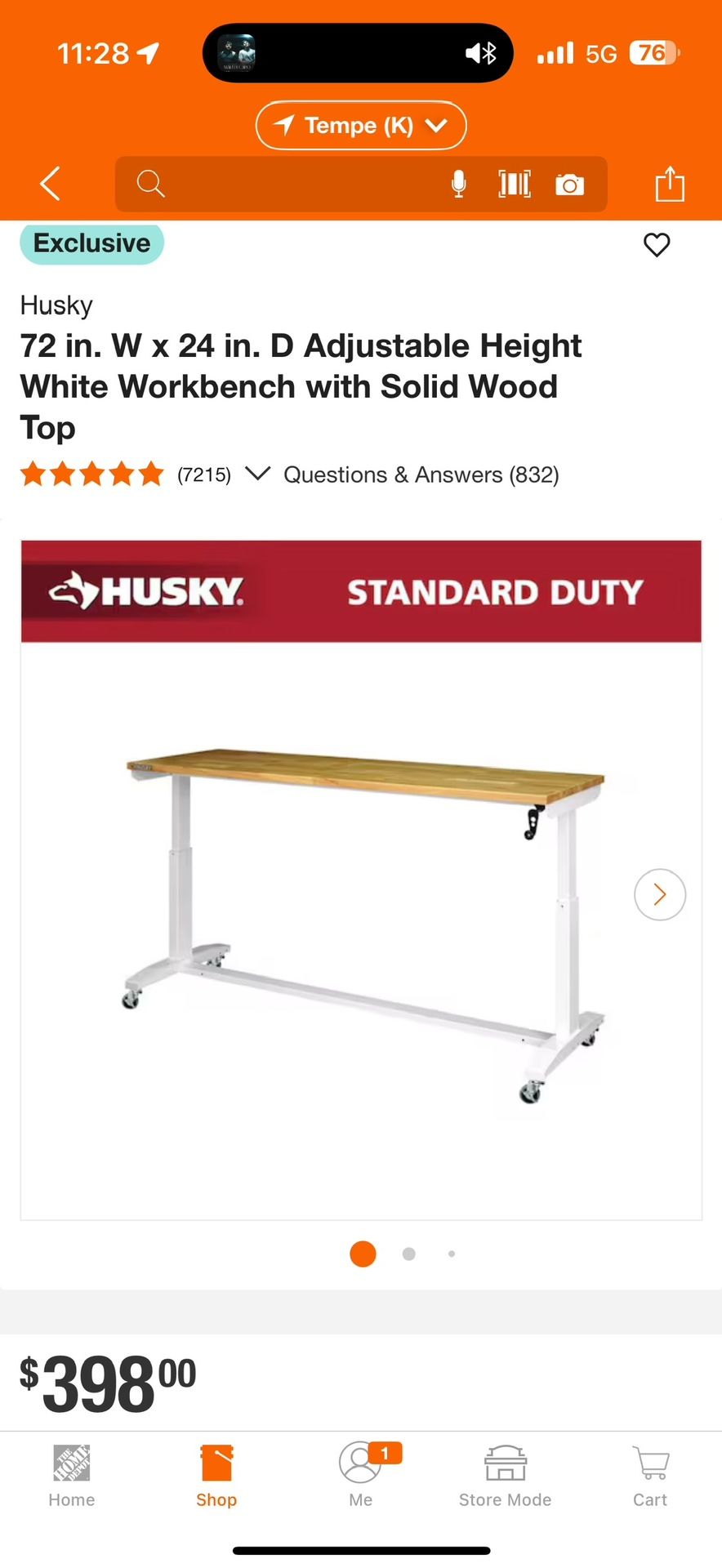 Husky 72 in. W x 24 in. D Adjustable Height White Workbench Solid Wood Top New Factory Sealed $249