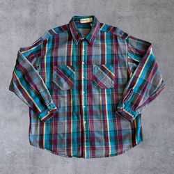 Vtg 90s St Johns Bay Flannel Shirt Mens XL Made in USA Plaid Cotton Grunge Teal