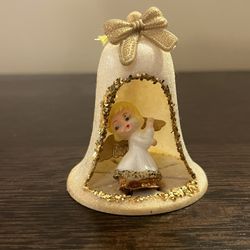 Kitschy Vintage Christmas Angel White Flocked Bell Ornament  Diorama 