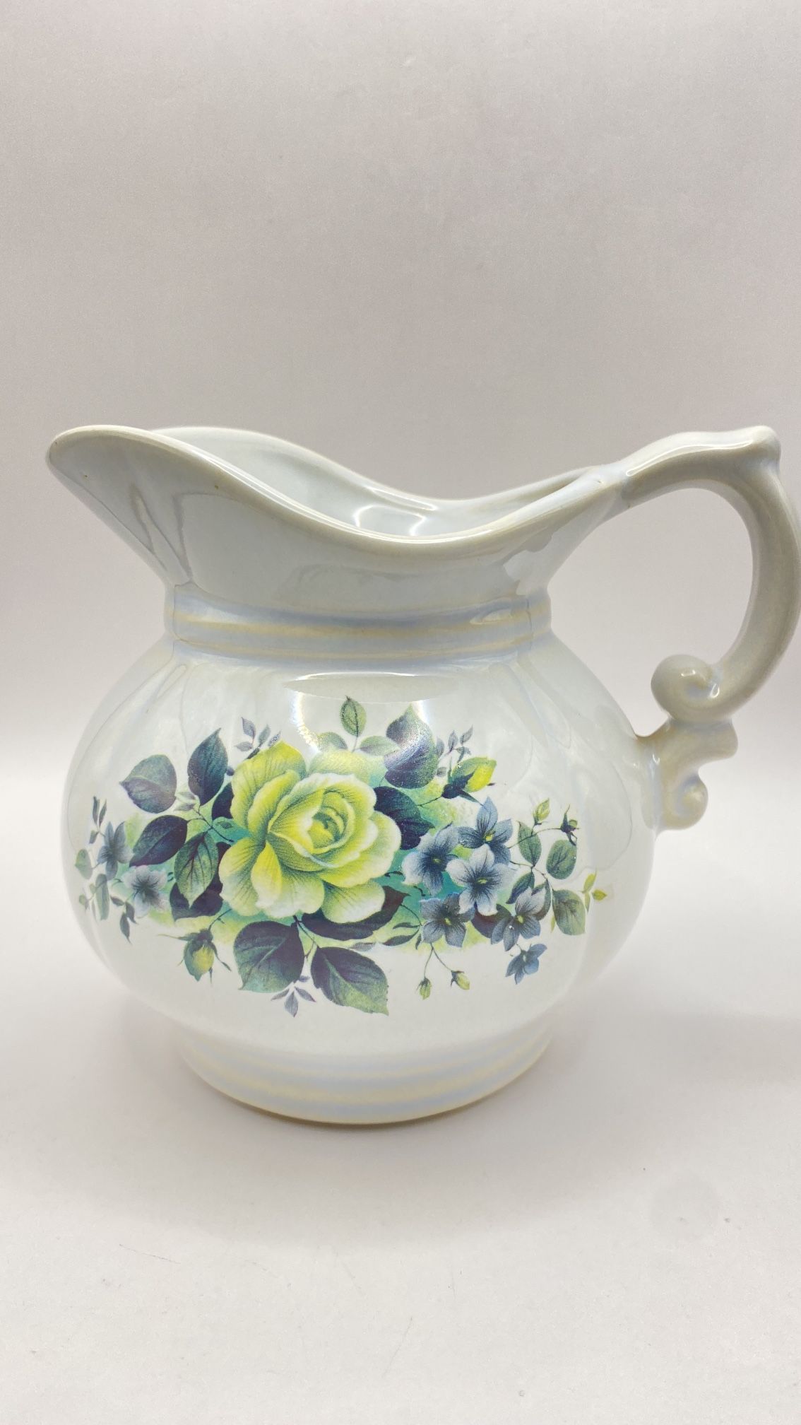 VTG McCoy Pale Blue Water Pitcher Yellow Rose & Blue Flowers Cottage Core #7528 McCoy LCC 