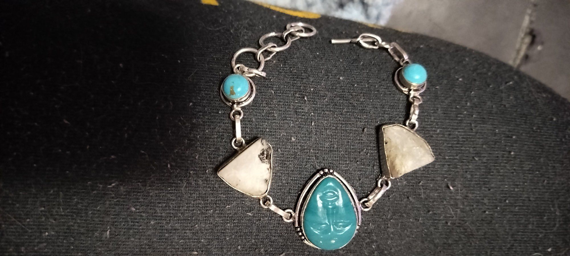 Gorgeous Moonstone And Turquoise Jade Silver Sautered Bracelet