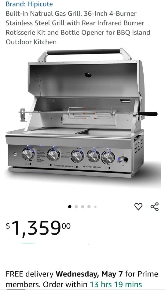 New Hipicute Built-in Natrual Gas Grill, 36-Inch 4-Burner Stainless Steel Grill with Rear Infrared Burner Rotisserie Kit and Bottle Opener for BBQ Isl