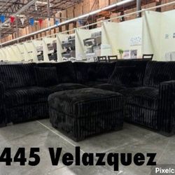 ✅️✅️️✅️4 pc Black  cordury fabric upholstered sectional sofa with ottoman✅️✅️